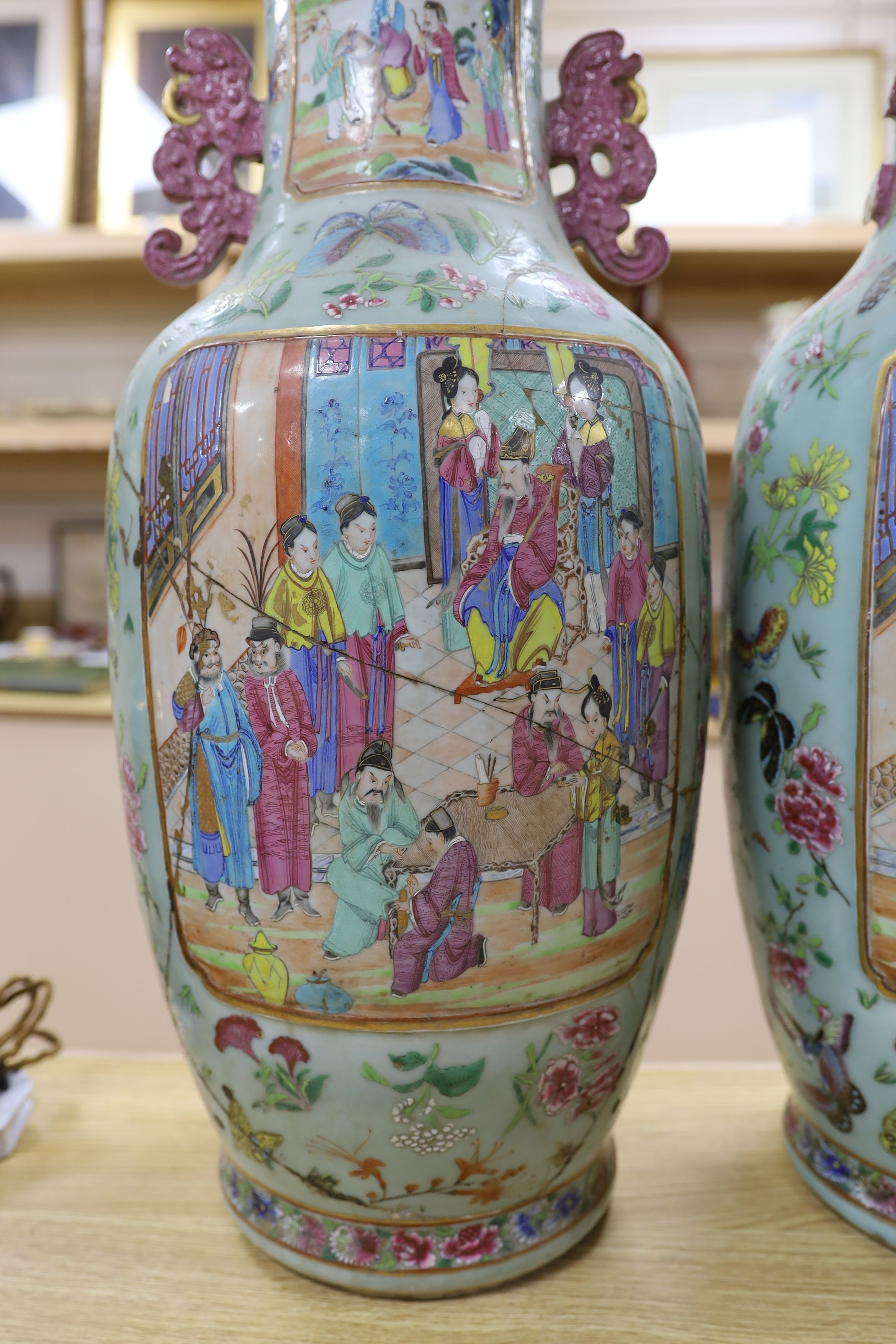 A pair of large Chinese famille rose celadon ground vases (a.f.) 65cm